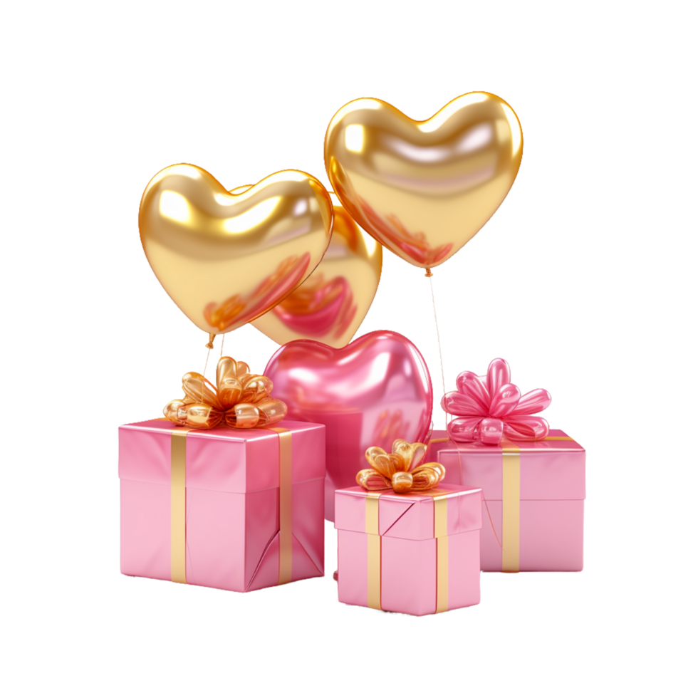 AI generated gold hearts balloons inside a pink gift box on transparent background png