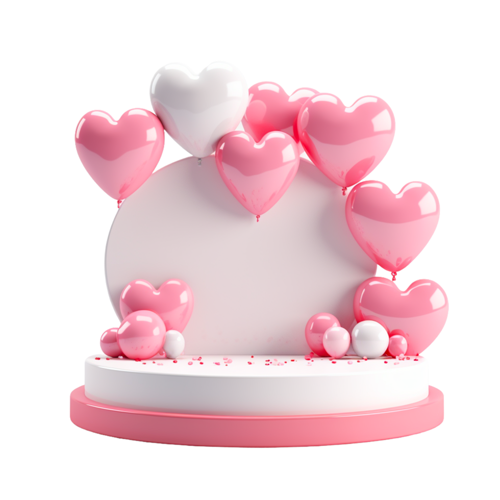 AI generated 3D cylinder pedestal or stand podium with hearts decorations celebration, Valentine day png
