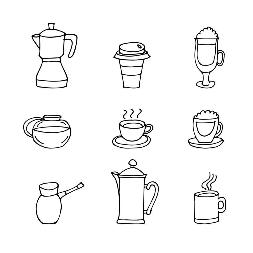 Vector set of drawings in cartoon style on a white background. Pictures of coffee utensils.