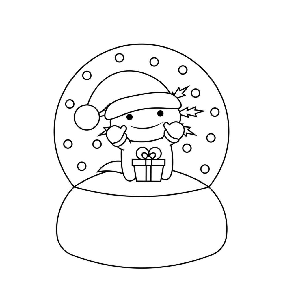 Snow globe with cute Axolotl with gift box in black and white vector