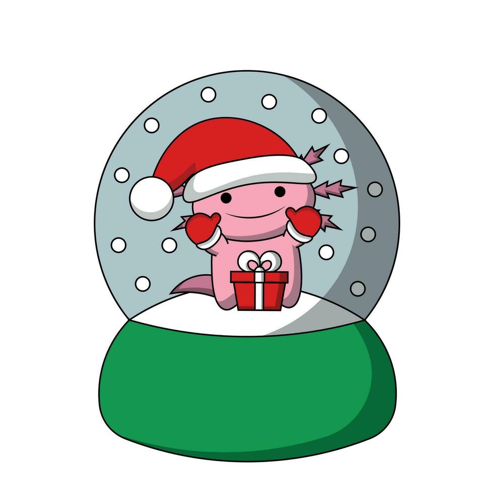 Snow globe with cute Axolotl with gift box in color vector