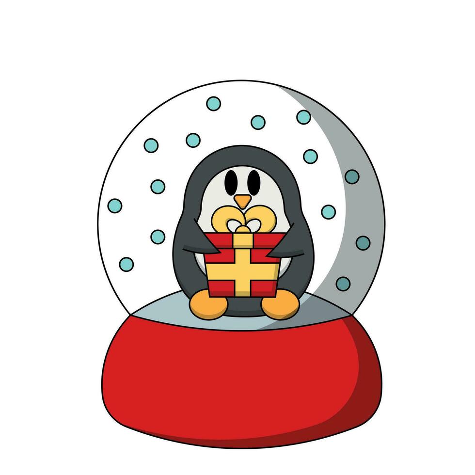 Snow globe with cute Penguin with gift box in color vector