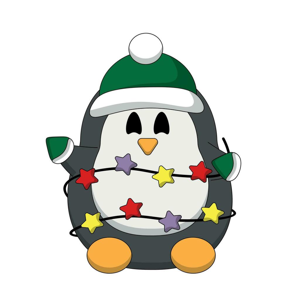 linda dibujos animados Navidad pingüino con estrellas guirnalda en color vector