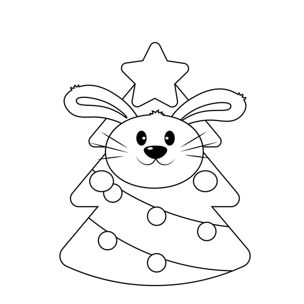 linda Conejo en disfraz Navidad árbol en negro y blanco vector