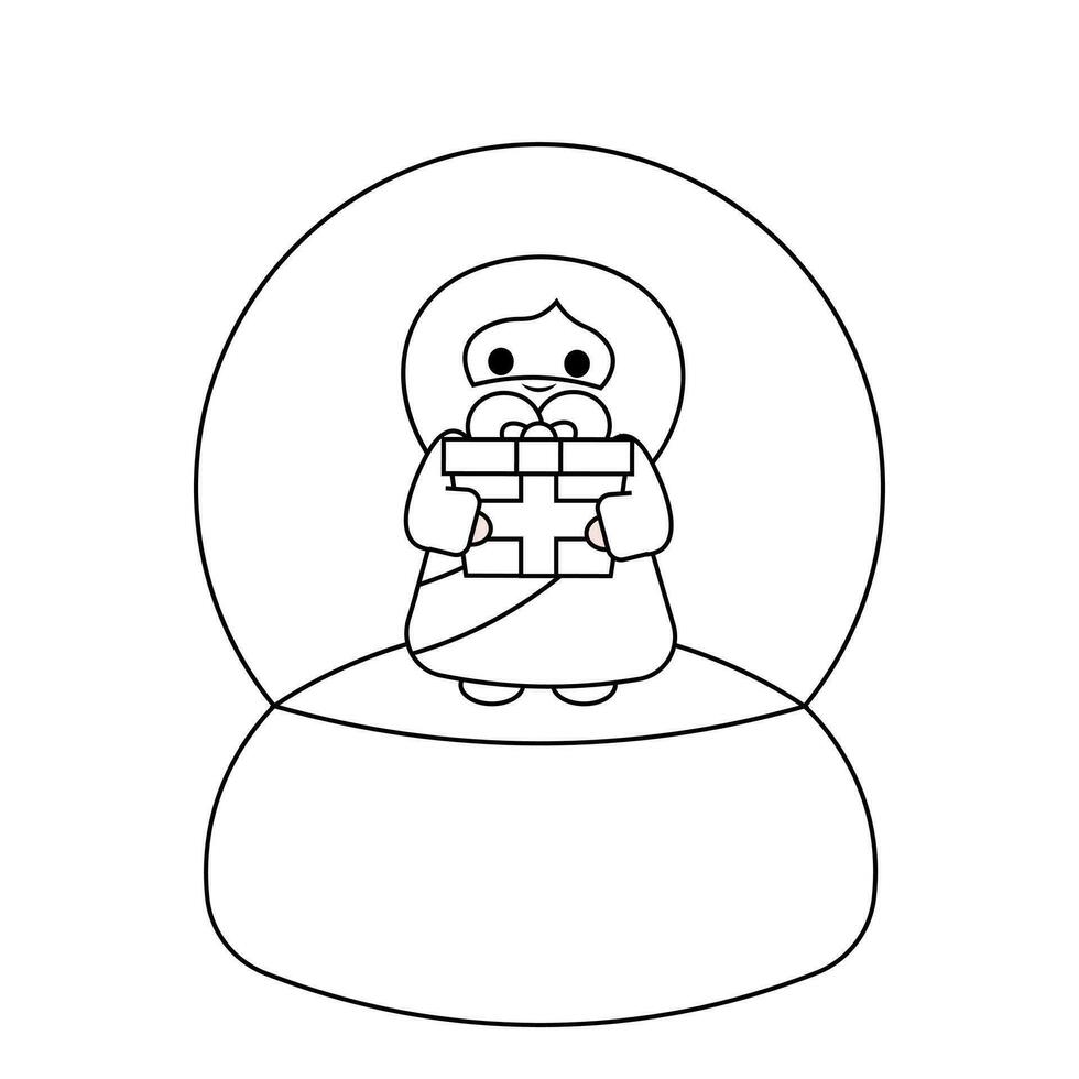 Snow globe with cute God Jesus Christ with gift box in black and white vector