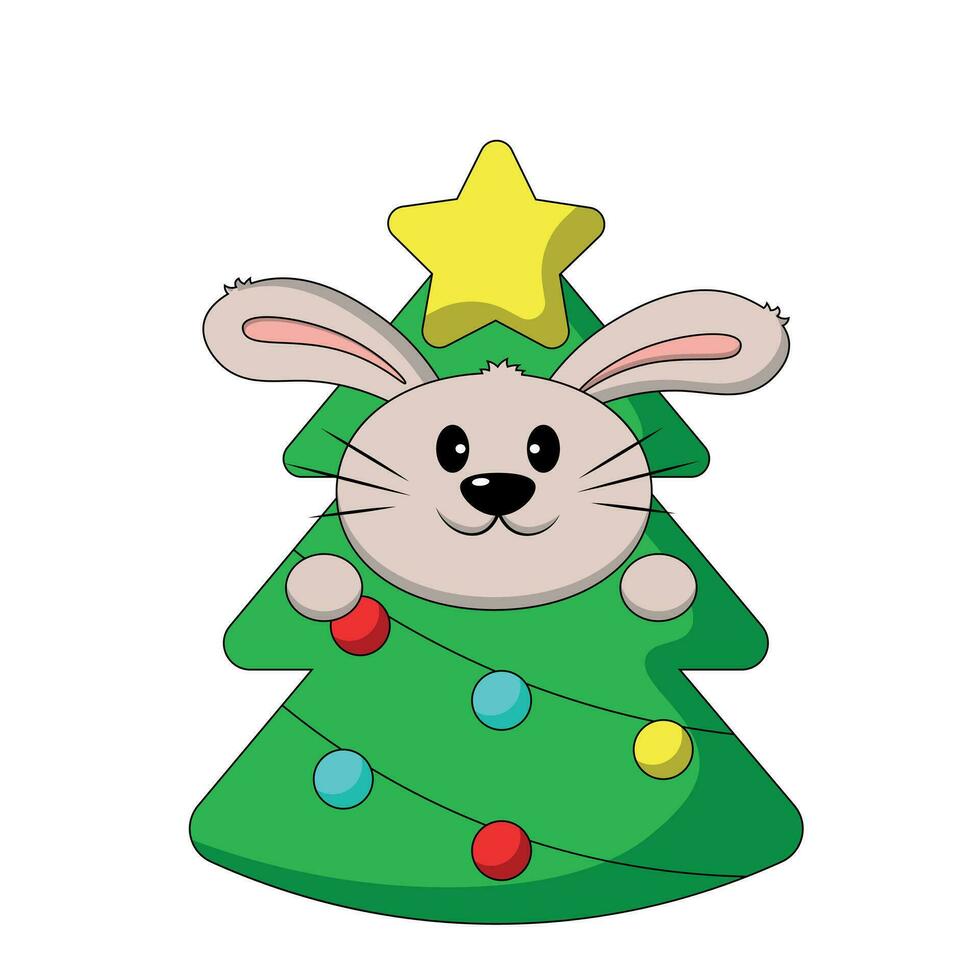 Cute Rabbit in costume Christmas Tree in color vector