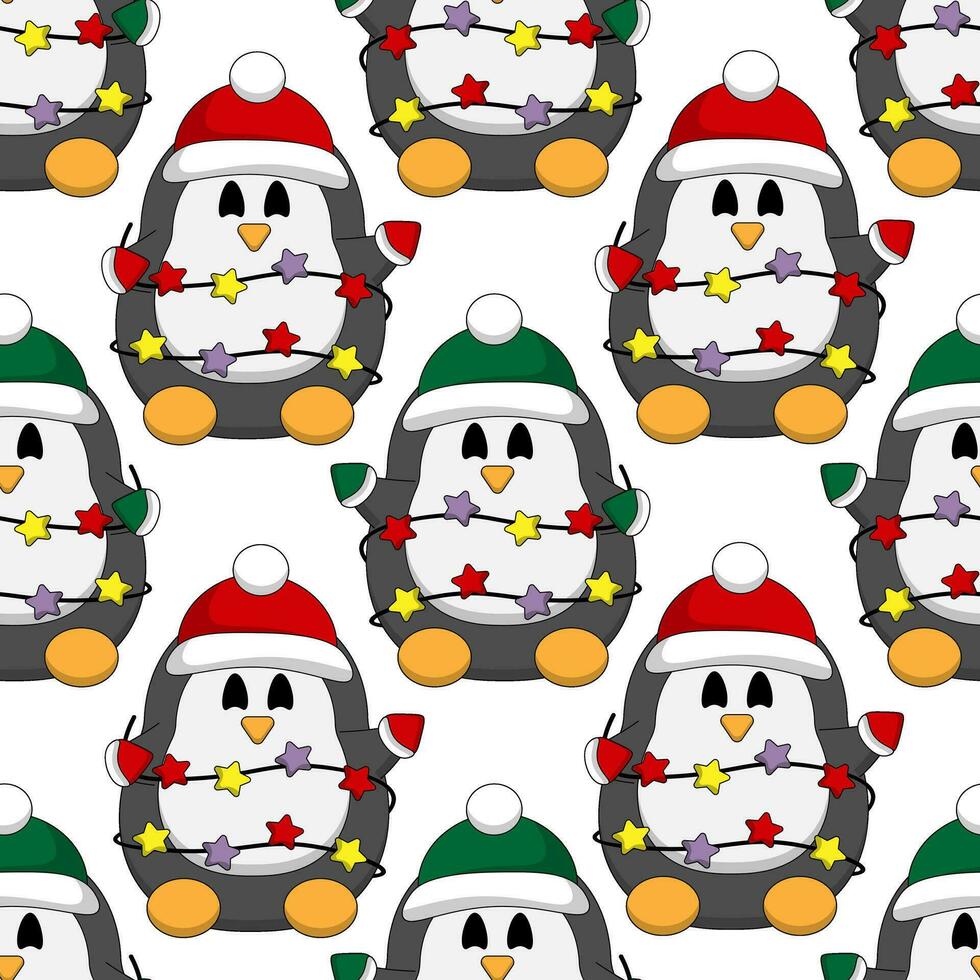 Seamless pattern with Christmas Penguin and garland vector