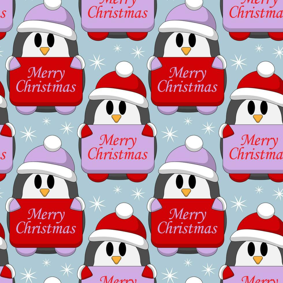 Seamless pattern with Penguin with Christmas congratulation vector