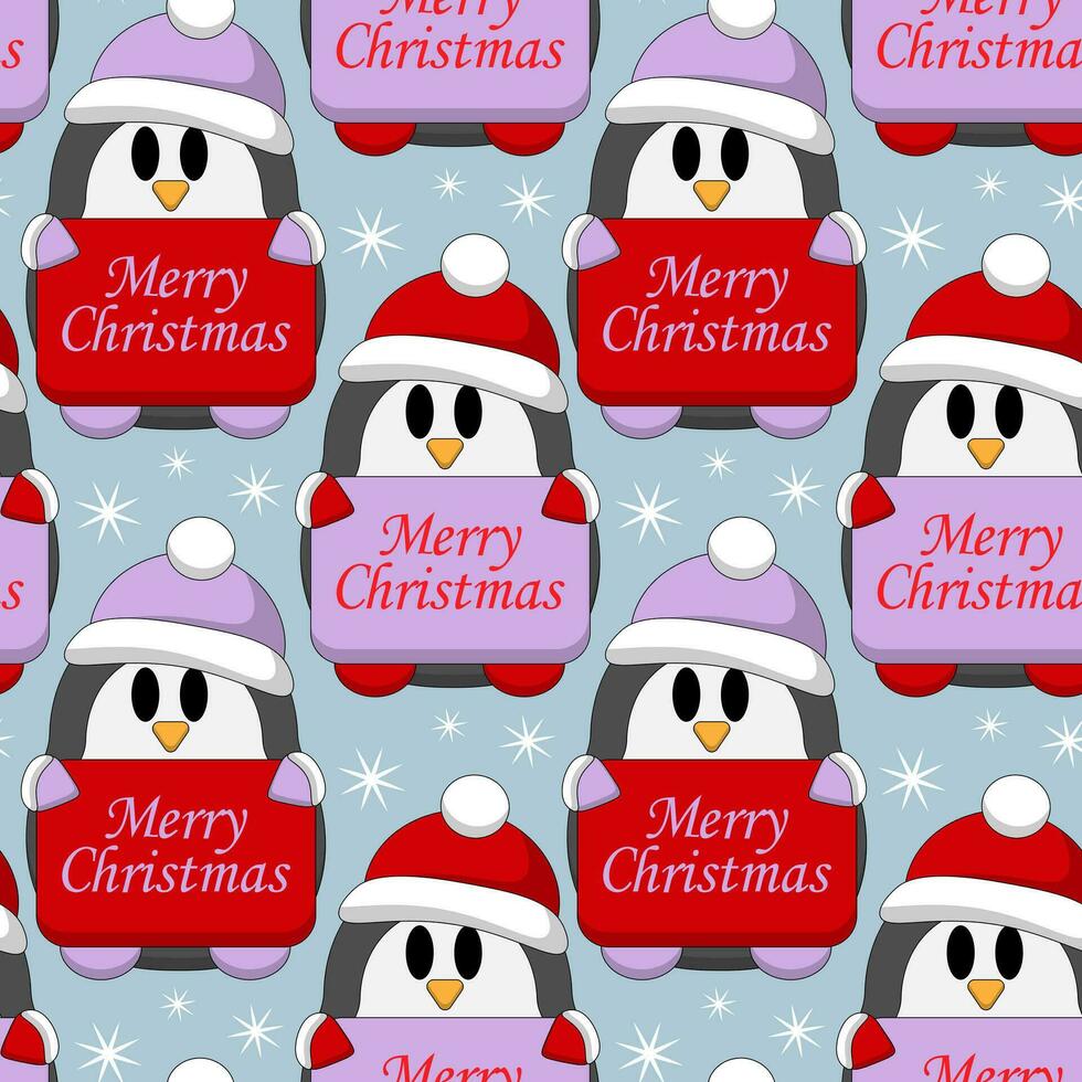 Seamless pattern with Penguin with Christmas congratulation vector