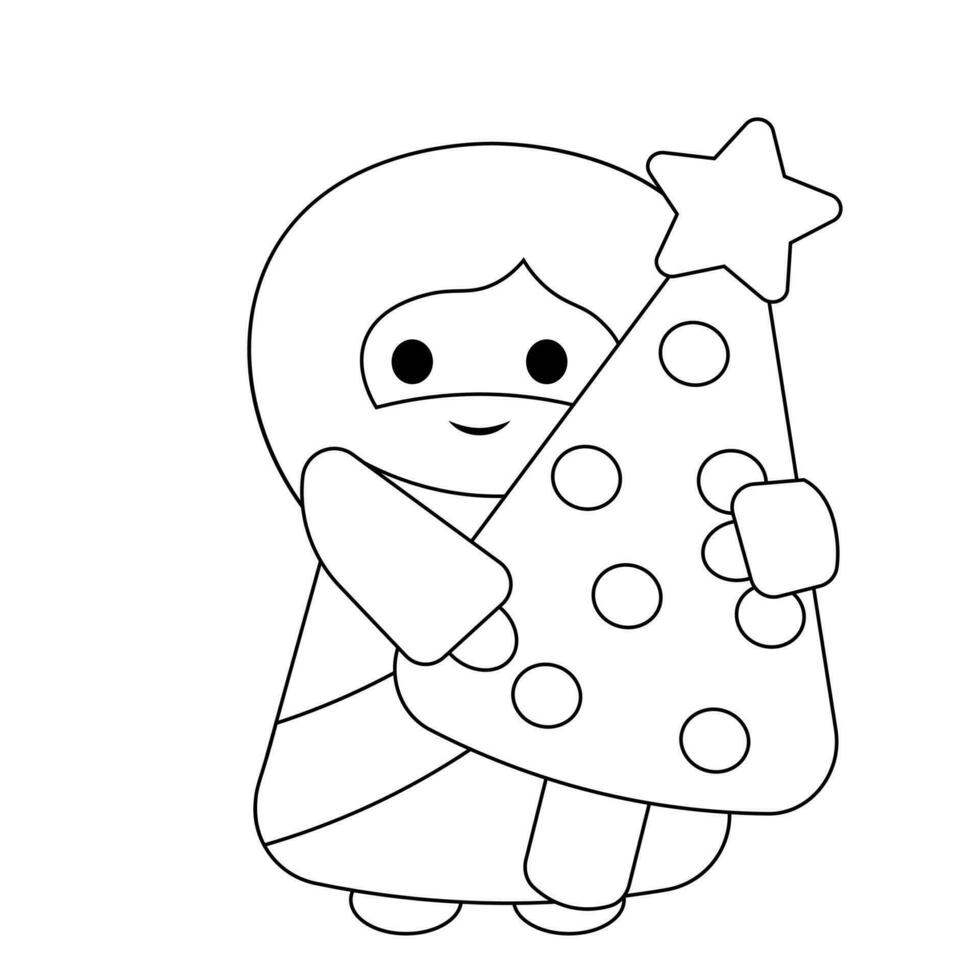 Cute God Jesus Christ holding Christmas Tree in black and white vector