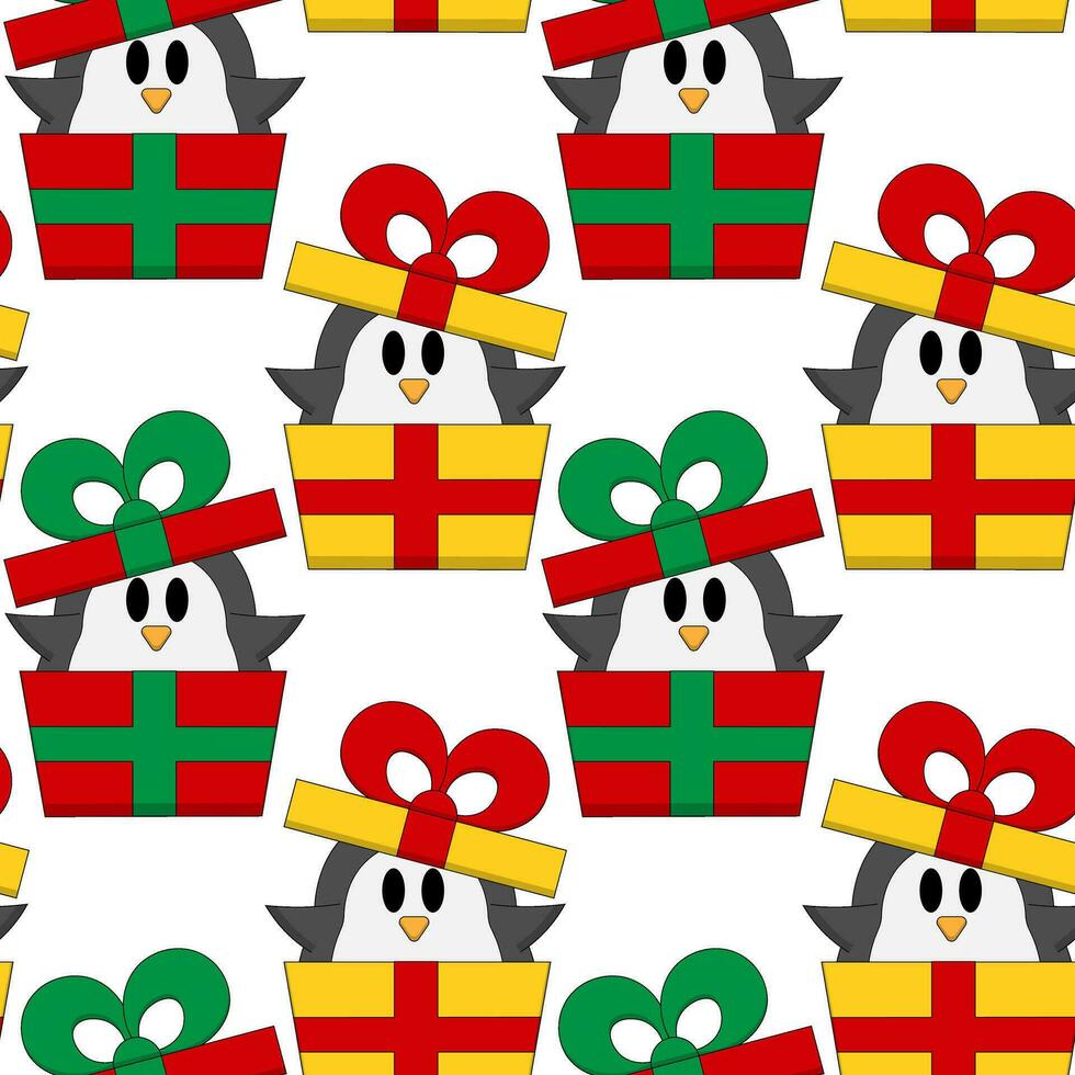 Seamless pattern with Penguin in Christmas gift box vector
