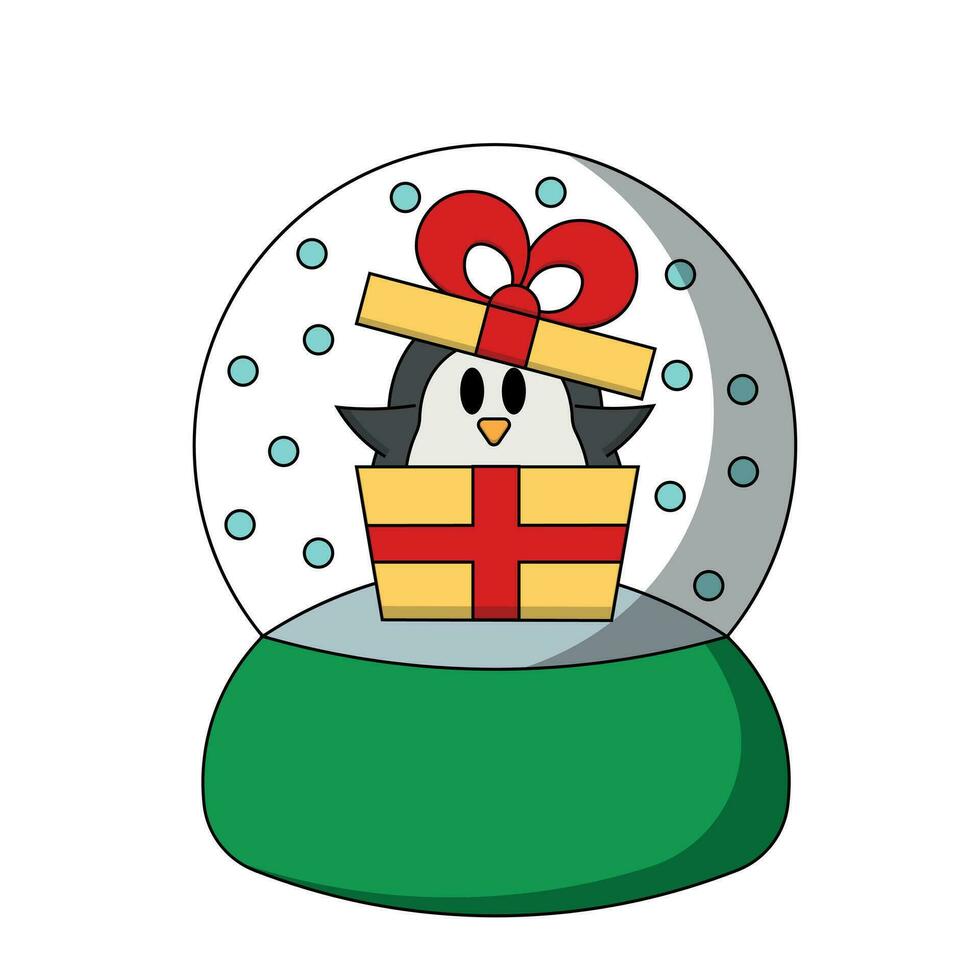 Snow globe with cute Penguin in present box in color vector