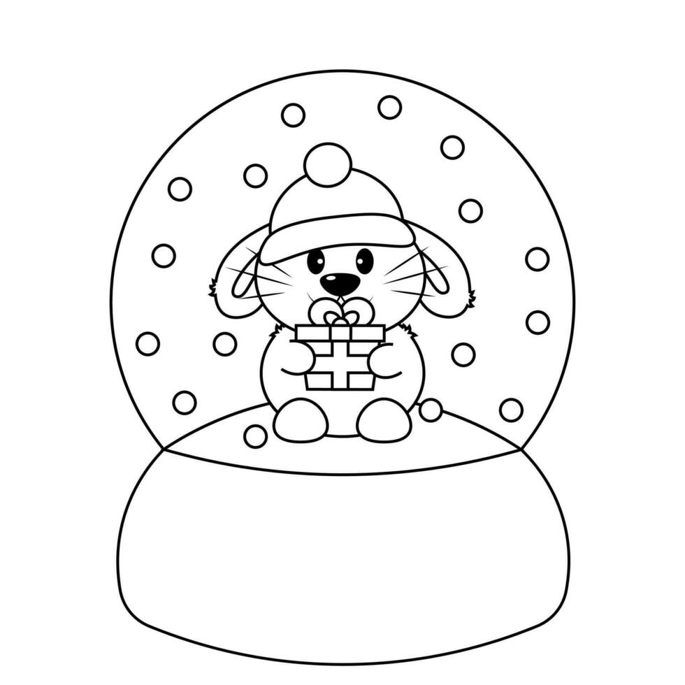 nieve globo con linda Conejo con regalo caja en negro y blanco vector