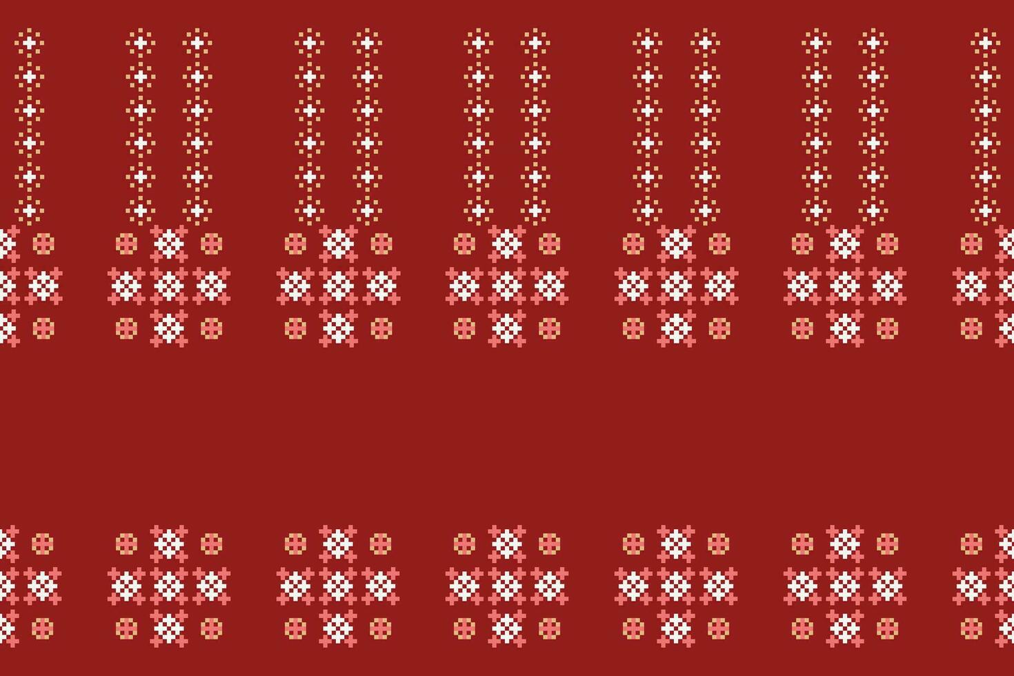 Ethnic geometric fabric pattern Cross Stitch.Ikat embroidery Ethnic oriental Pixel pattern red christmas day background. Abstract,vector,illustration. Texture,frame,decoration,motifs,silk wallpaper. vector