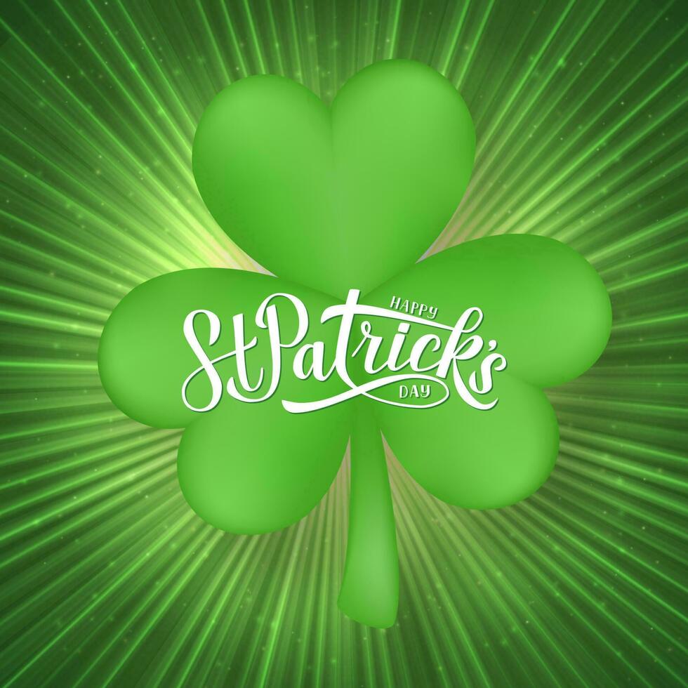 Happy St. Patricks day lettering on a bright green background with clover. Saint Patricks day greeting card. Easy to edit vector template for Irish party invitation, banner, poster, flyer, postcard.