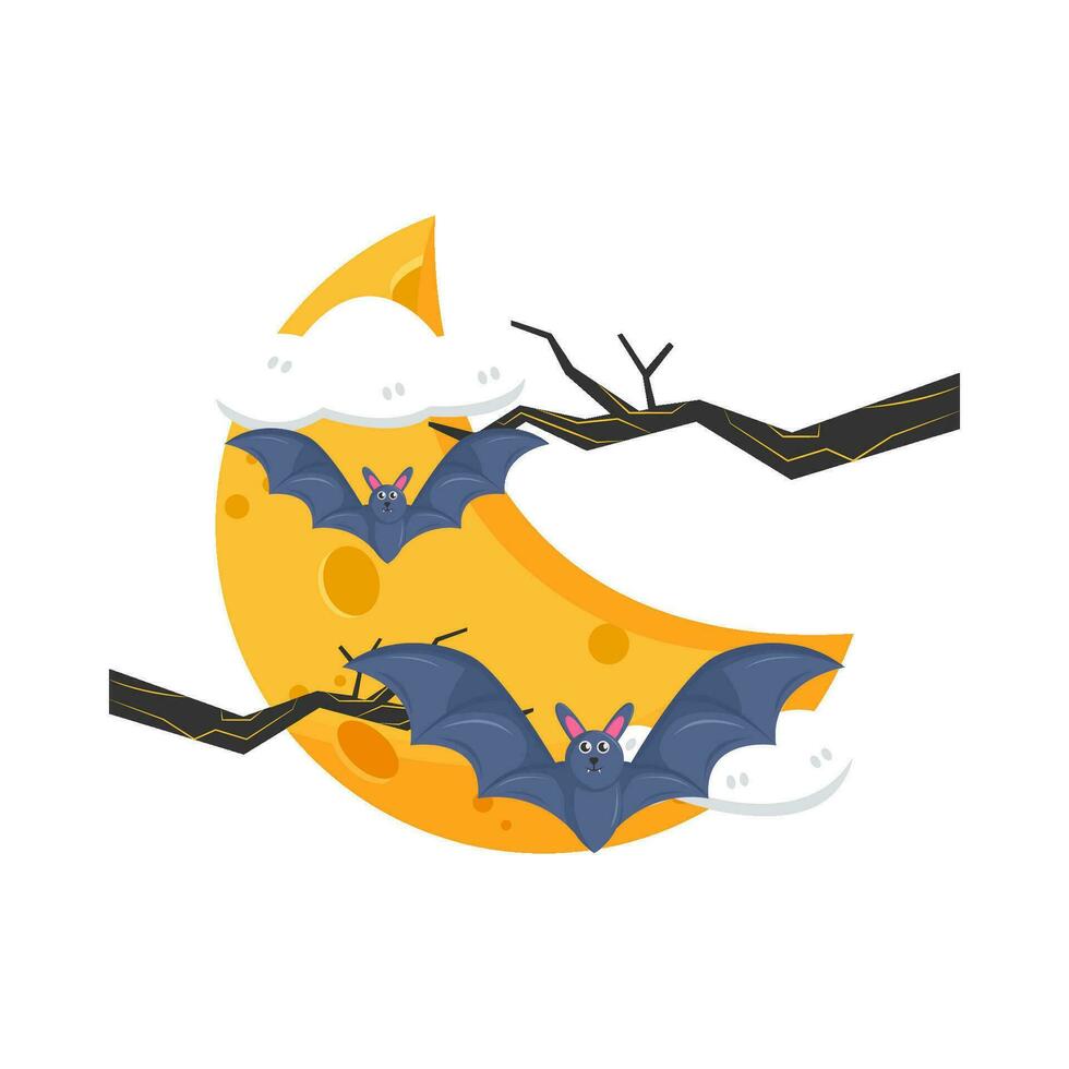 moon, cloud, bat fly with twigs illustration vector