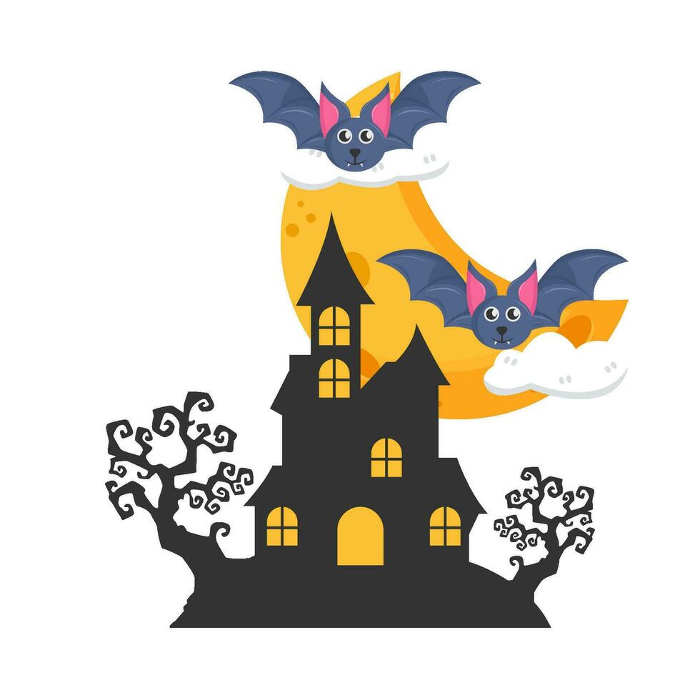 full moon, bat fly, tree with palace night illustration vector