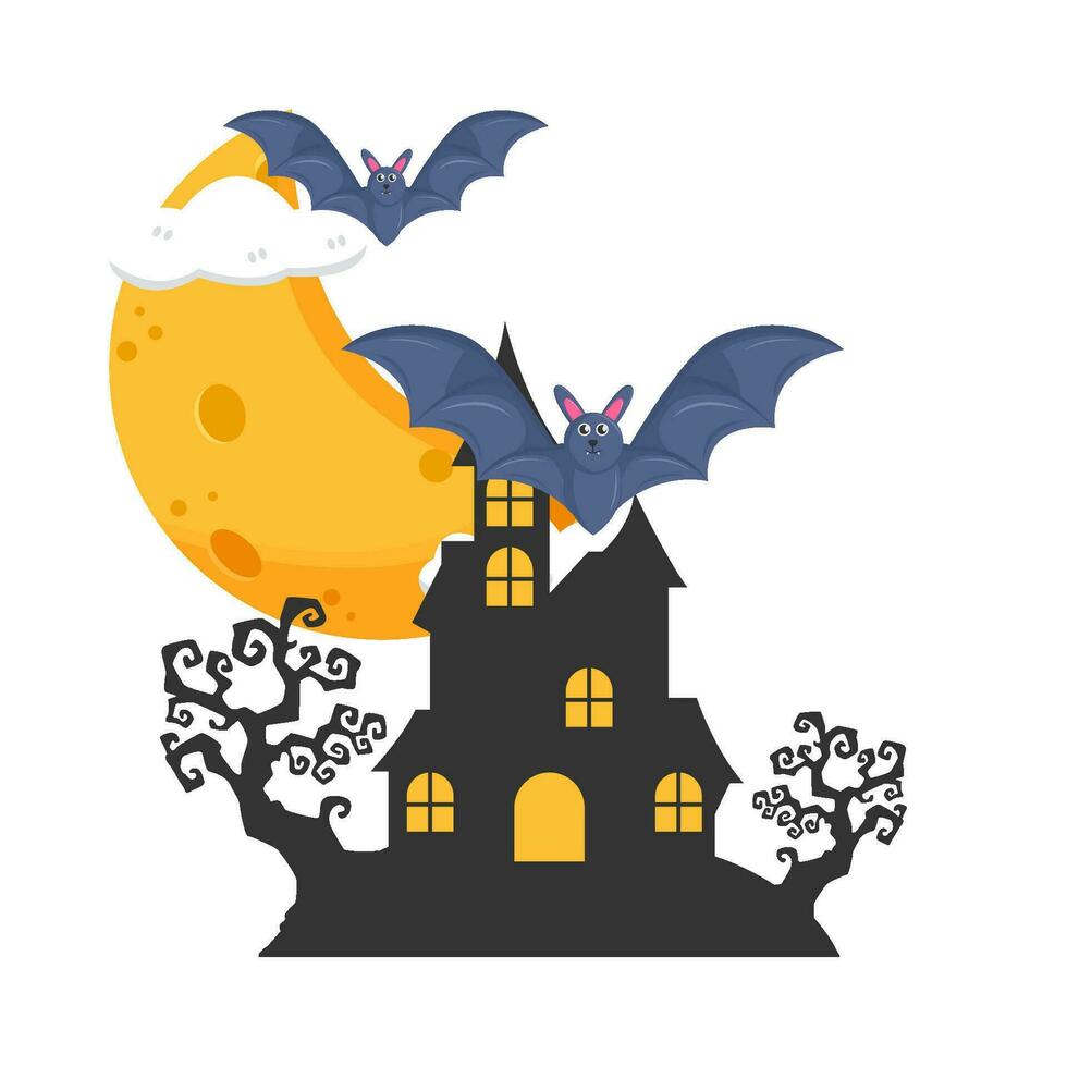 lleno luna, murciélago volar, árbol con palacio noche ilustración vector