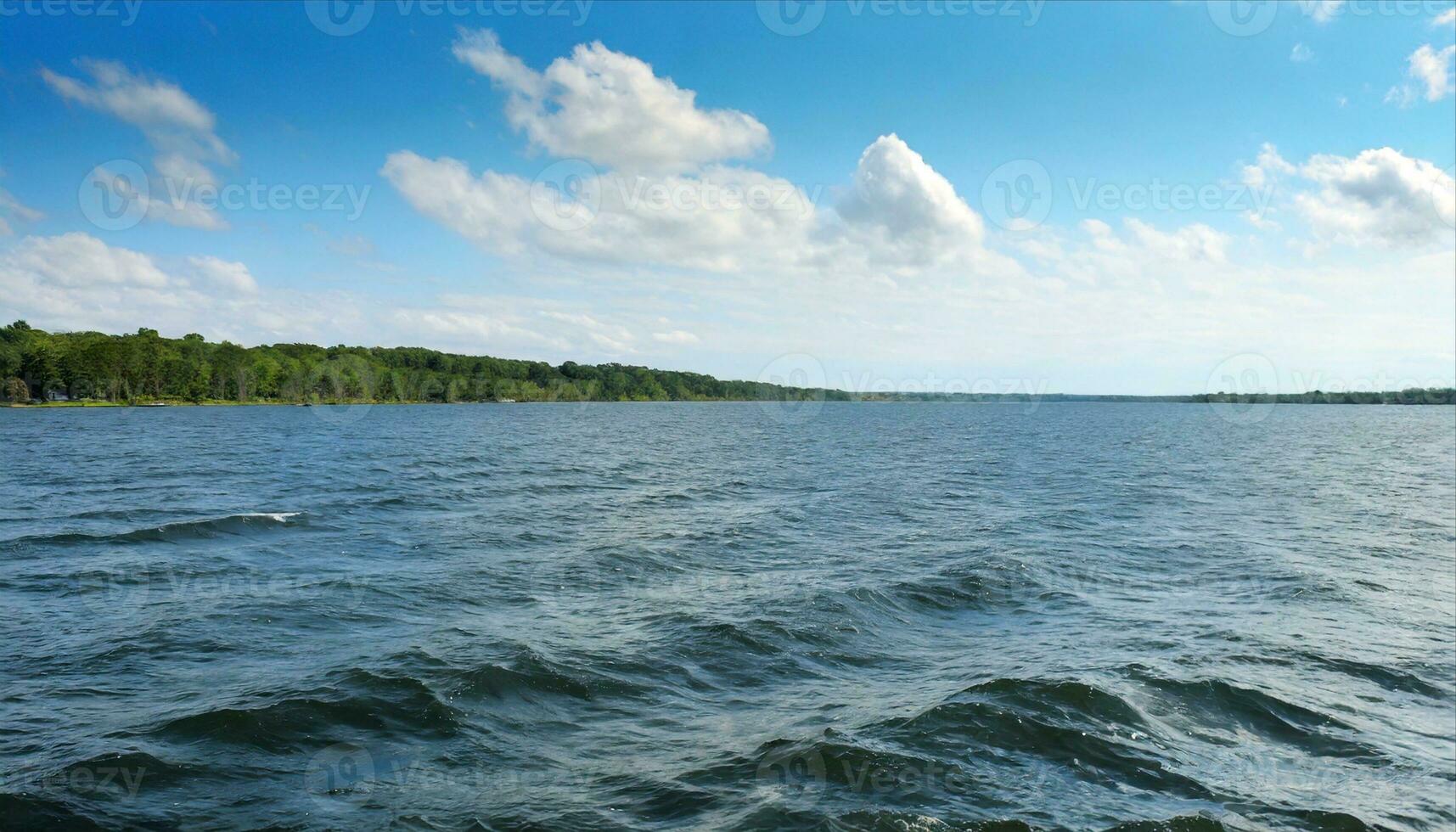 AI generated a large body of water with trees and clouds photo