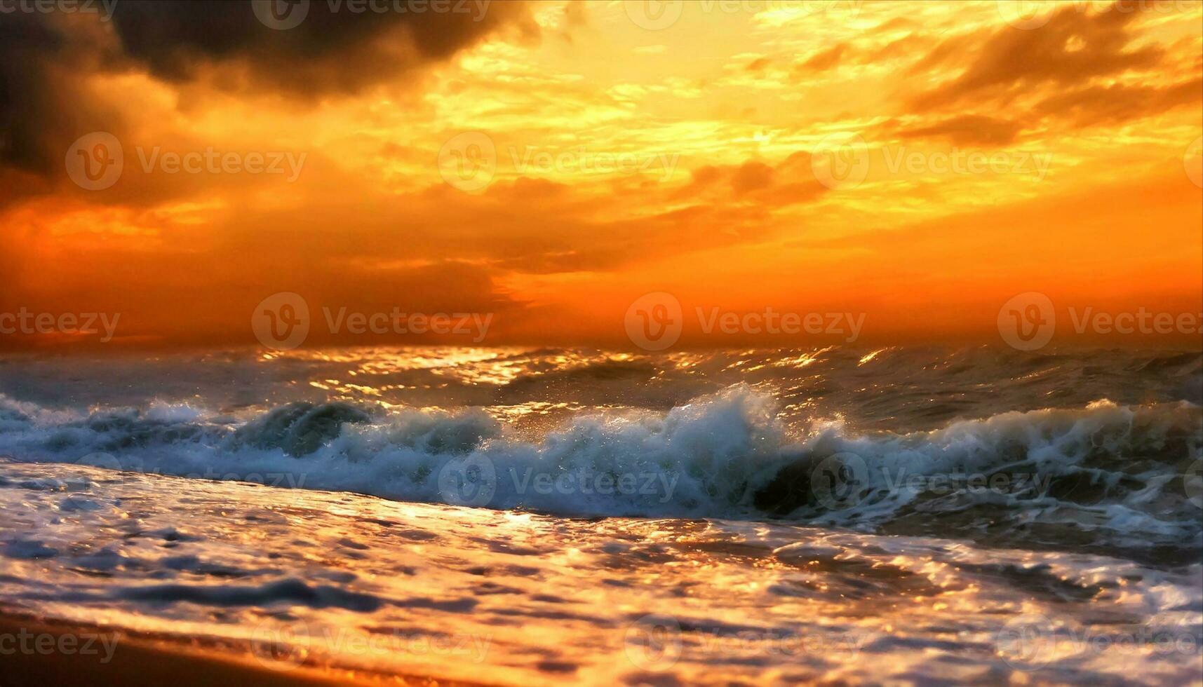 AI generated a beautiful sunset over the ocean with waves crashing photo