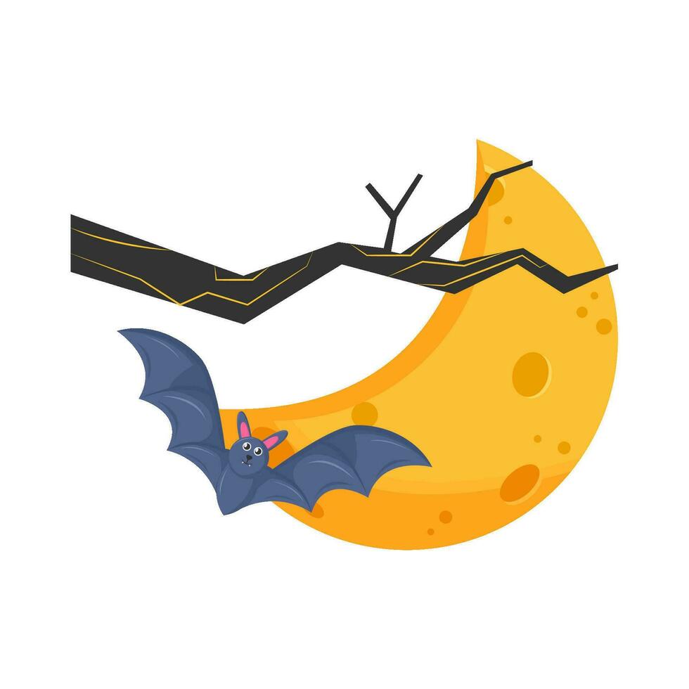 moon, bat fly with twigs illustration vector