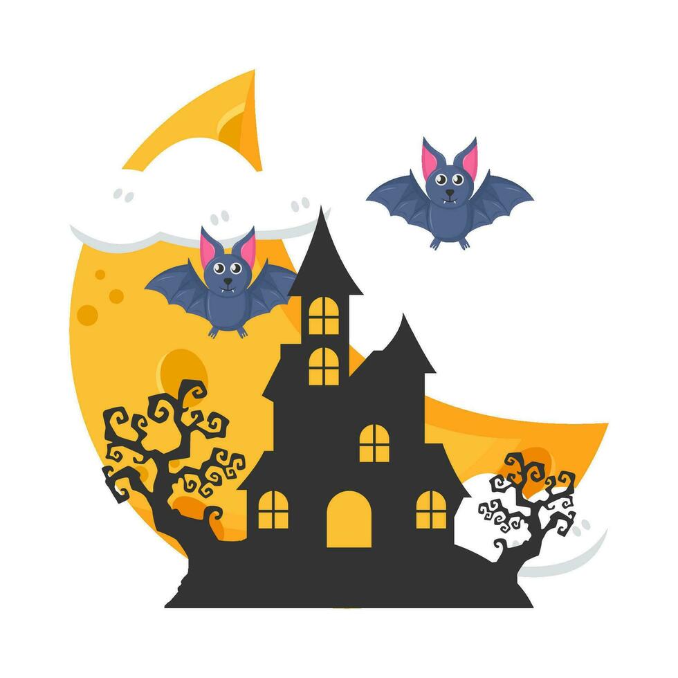moon, bat fly, palace with tree illustration vector