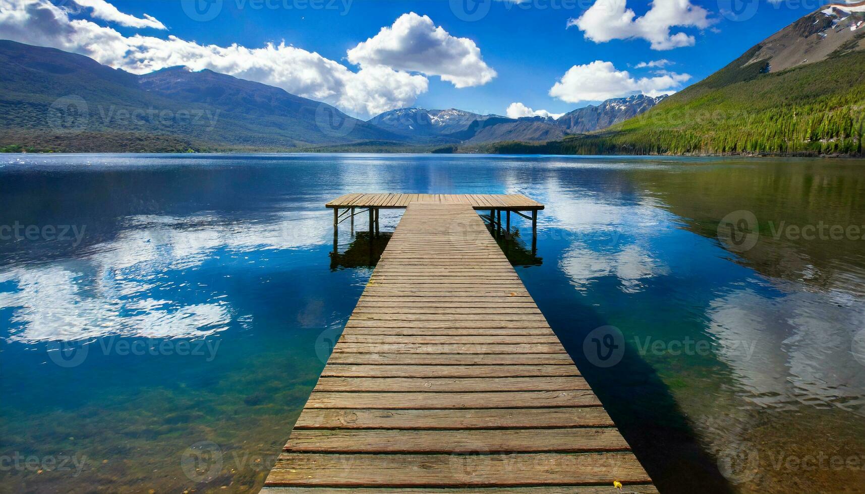 AI generated a wooden dock extends into the water near mountains photo