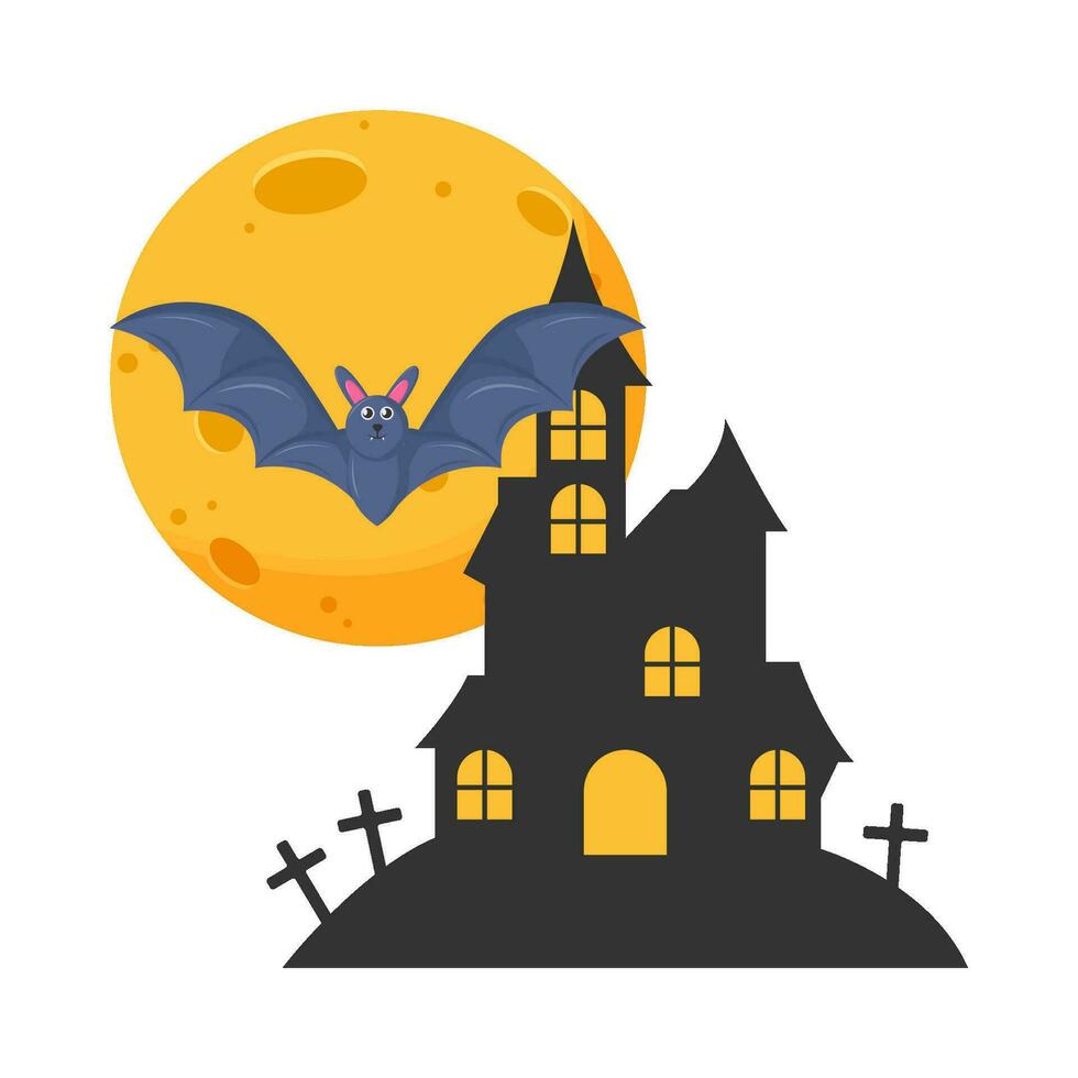 Luna llena, murciélago volar, lápida sepulcral con palacio ilustración vector