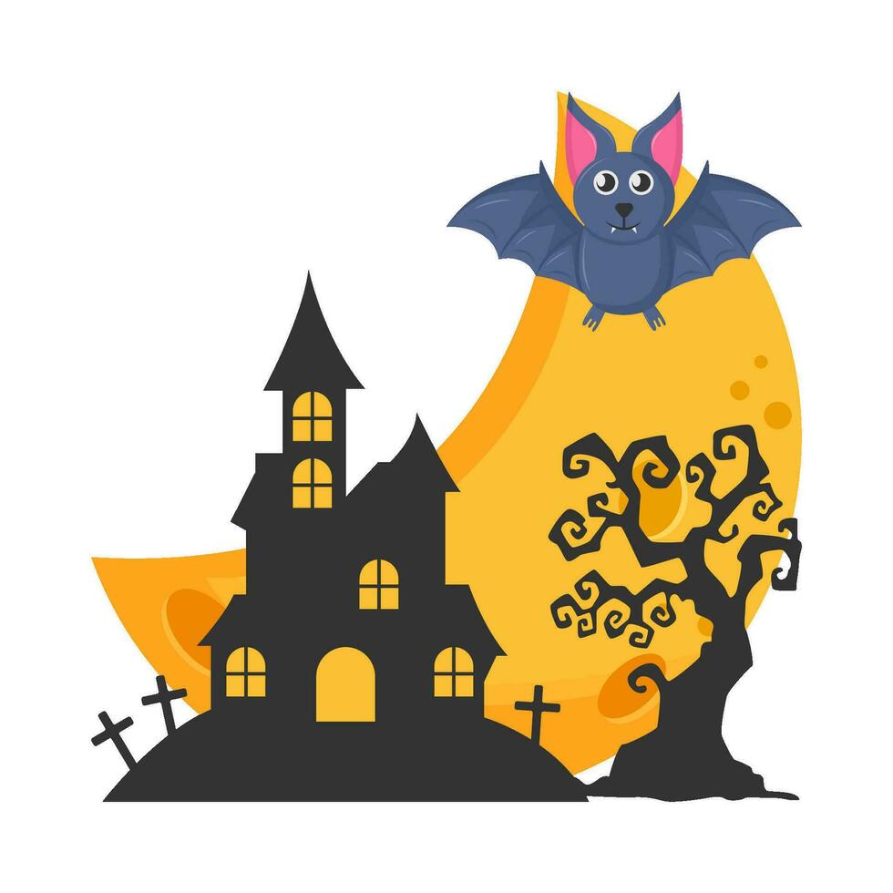 moon, bat fly,  palace, tombstone with tree illustration vector