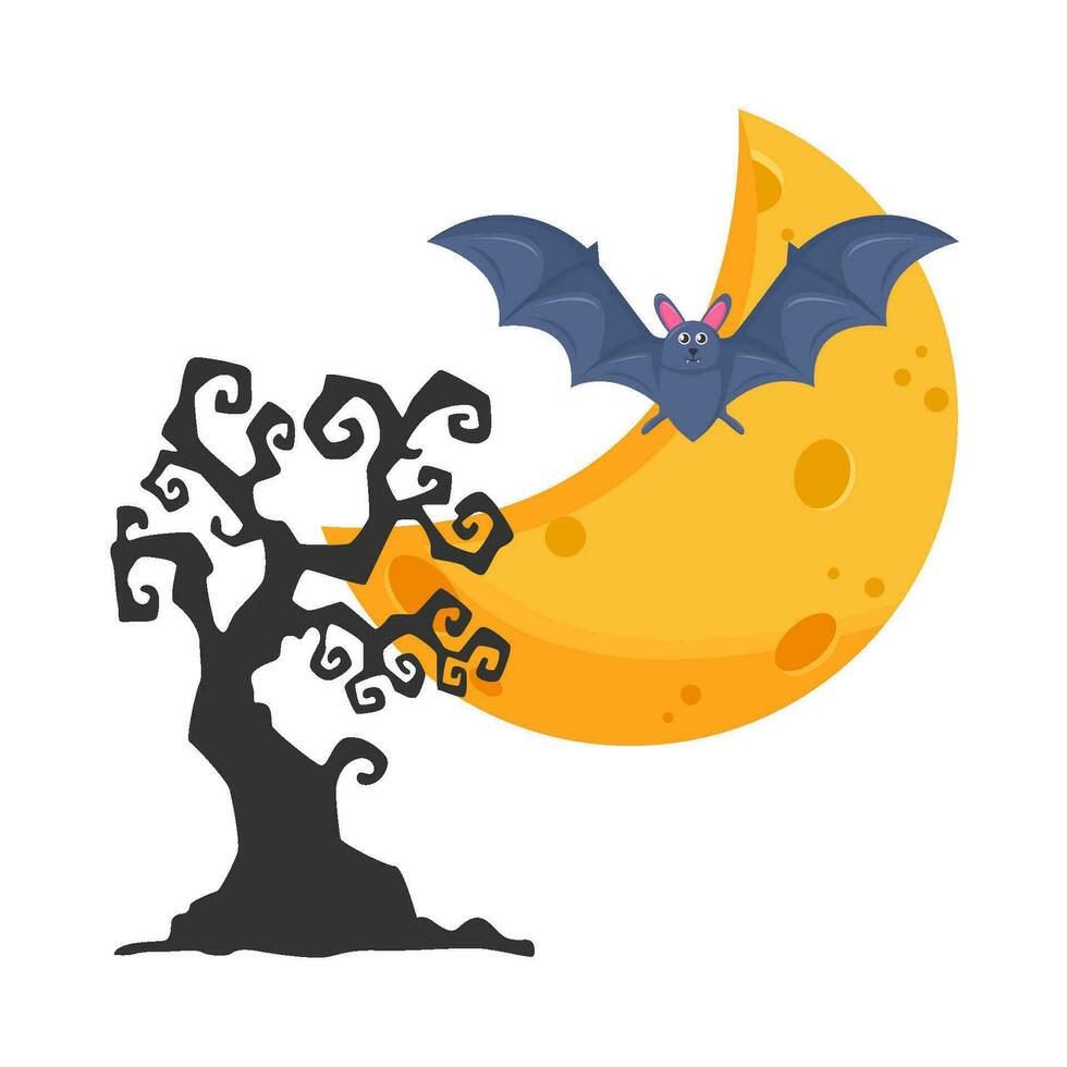 moon, bat fly with tree illustration vector