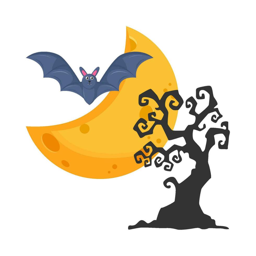 moon, bat fly with tree illustration vector