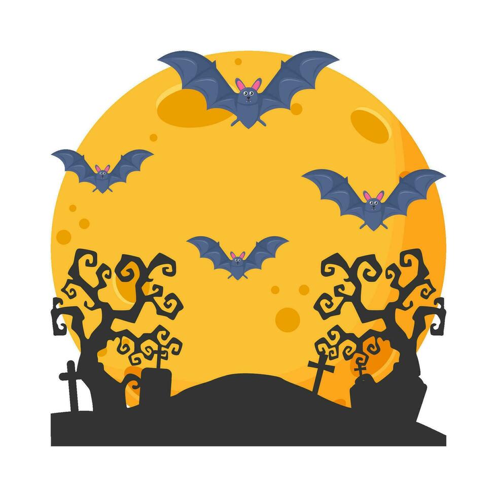 moon, bat fly, tree with tombstone illustration vector