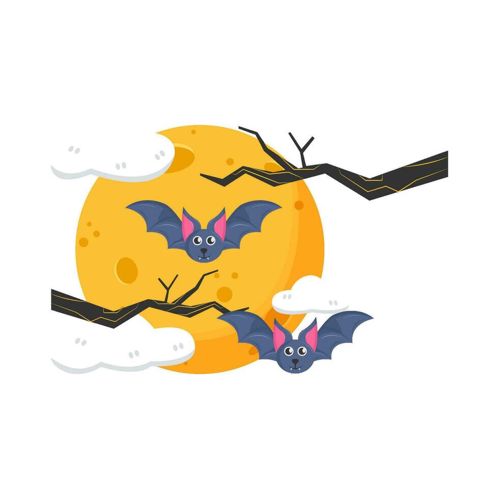 moon, cloud, bat fly with twigs illustration vector