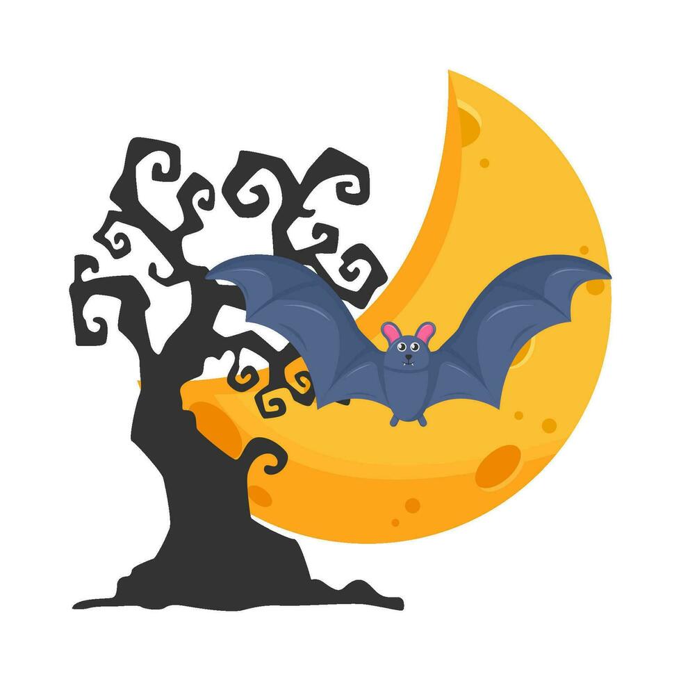 moon, bat fly with tree illustration vector