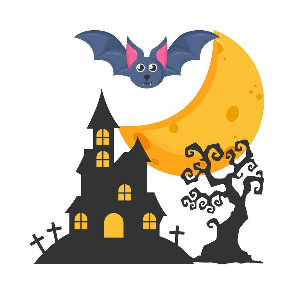 moon, bat fly, palace, tombstone with tree illustration vector