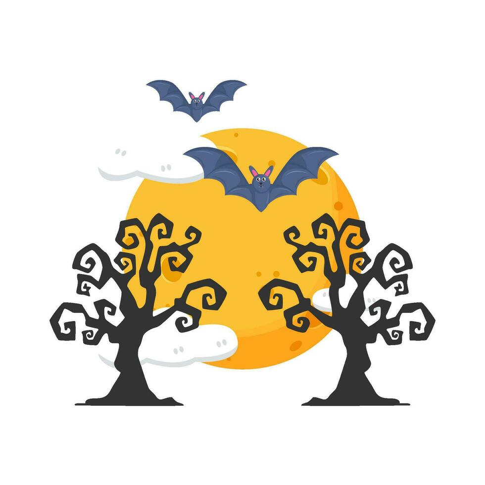 moon, bat fly with tree illustration vector