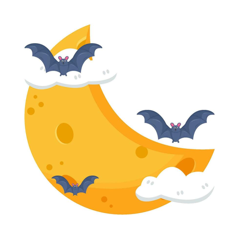 moon, cloud with bat fly illustration vector