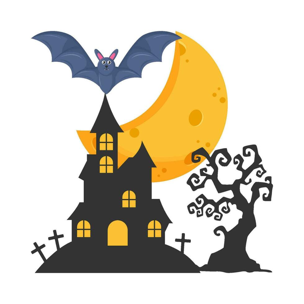 luna, murciélago volar, palacio, lápida sepulcral con árbol ilustración vector