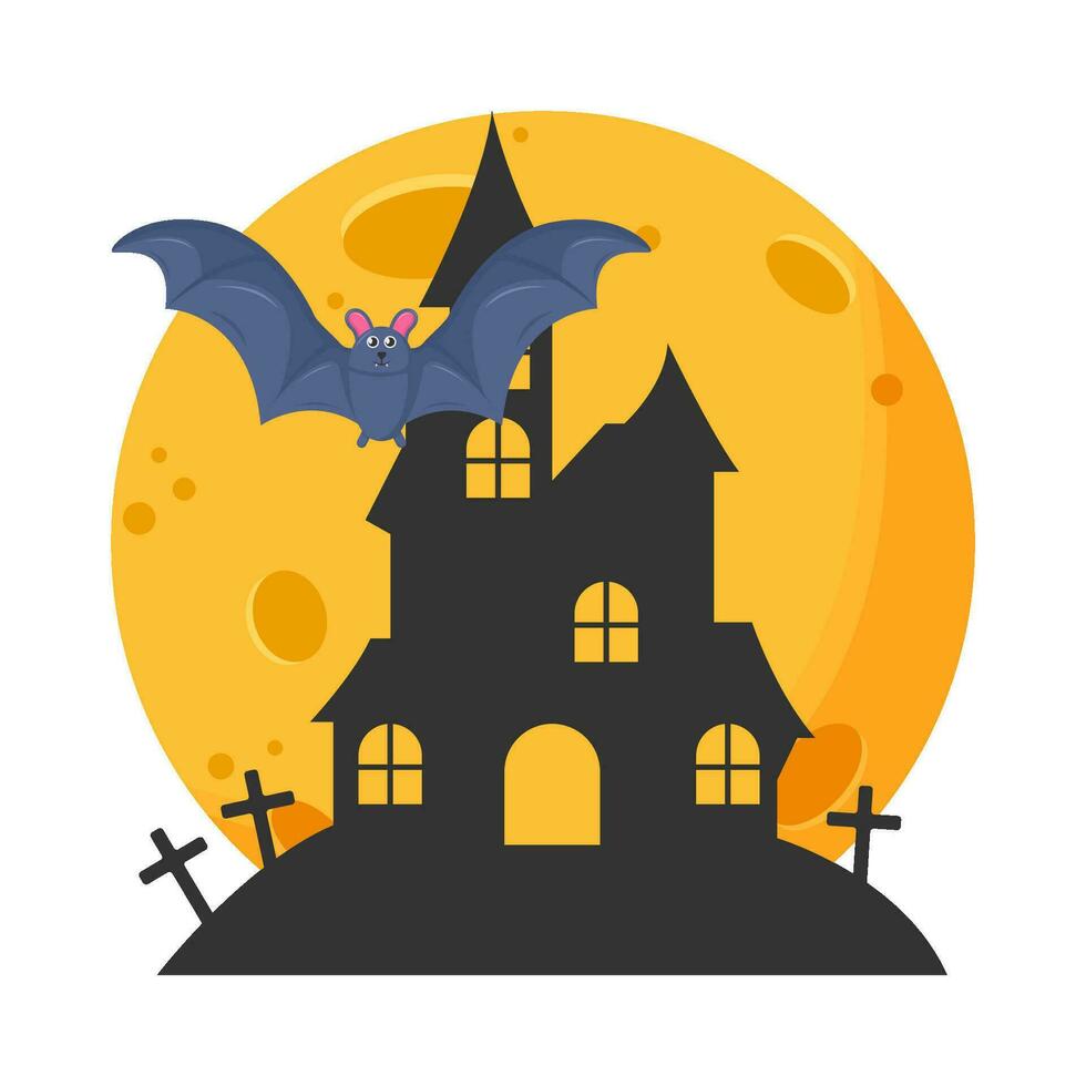 Luna llena, murciélago volar, lápida sepulcral con palacio ilustración vector