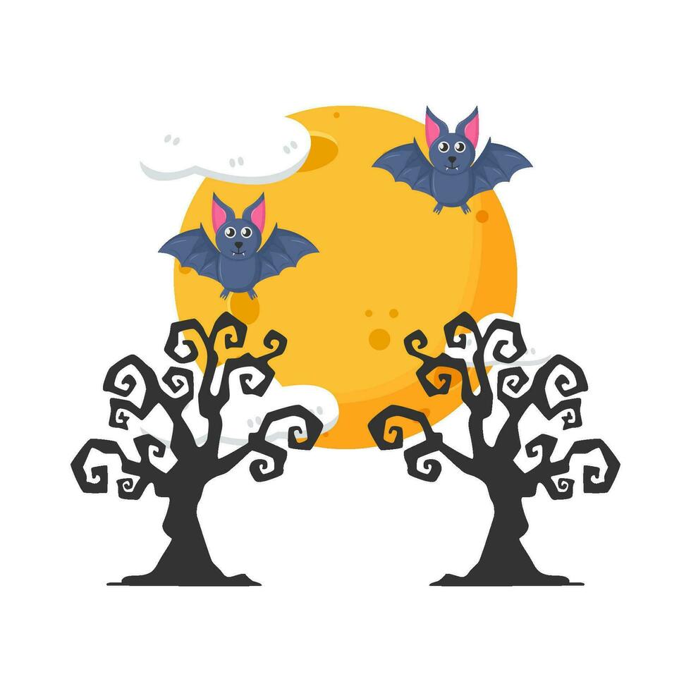 bat fly, moon, cloud with tree illustration vector