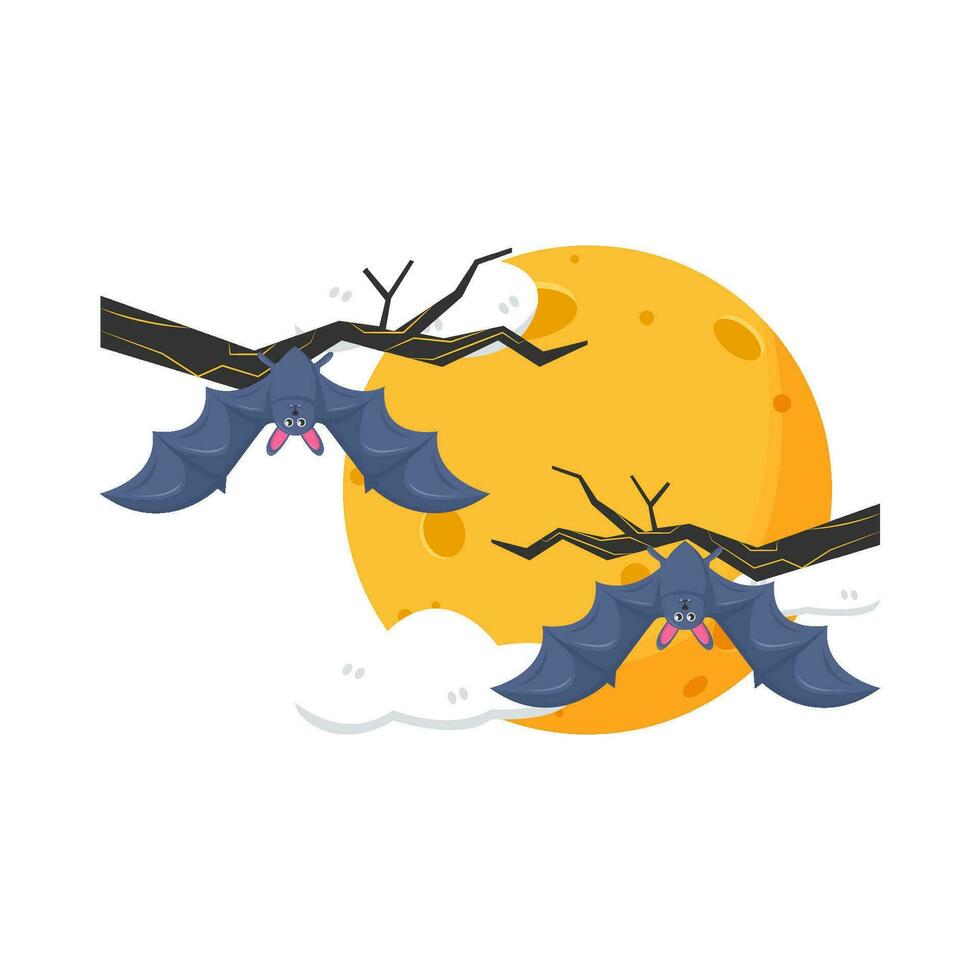 moon, cloud, bat fly with twigs illustration vector