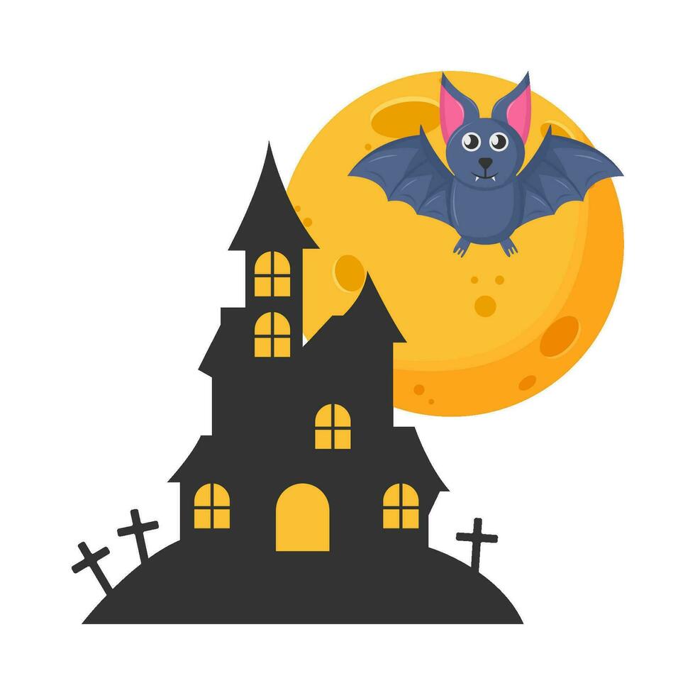 Luna llena, murciélago volar, lápida sepulcral con palacio ilustración vector