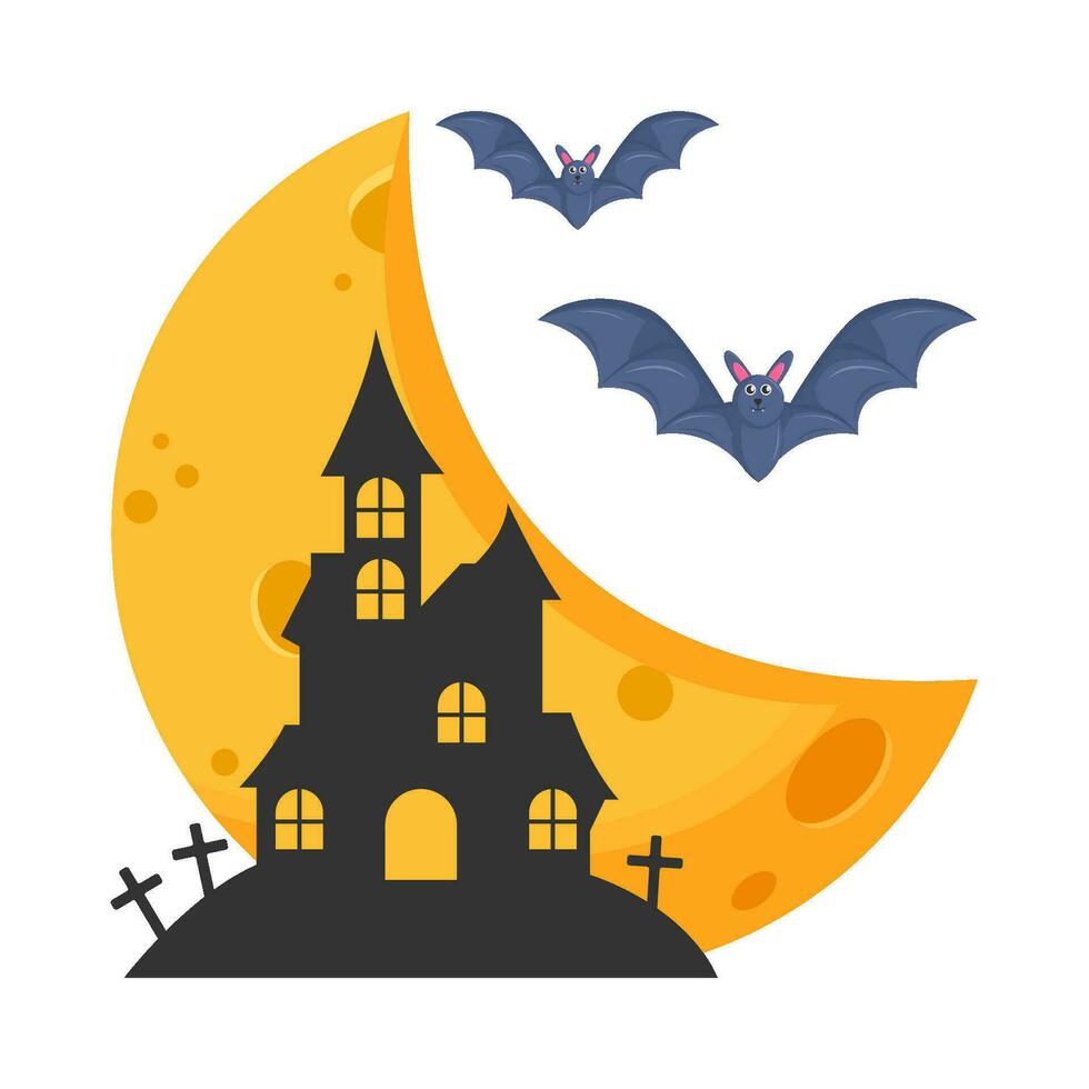 moon, bat fly, palace with tombstone illustration vector