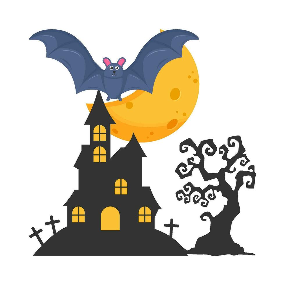 moon, bat fly,  palace, tombstone with tree illustration vector