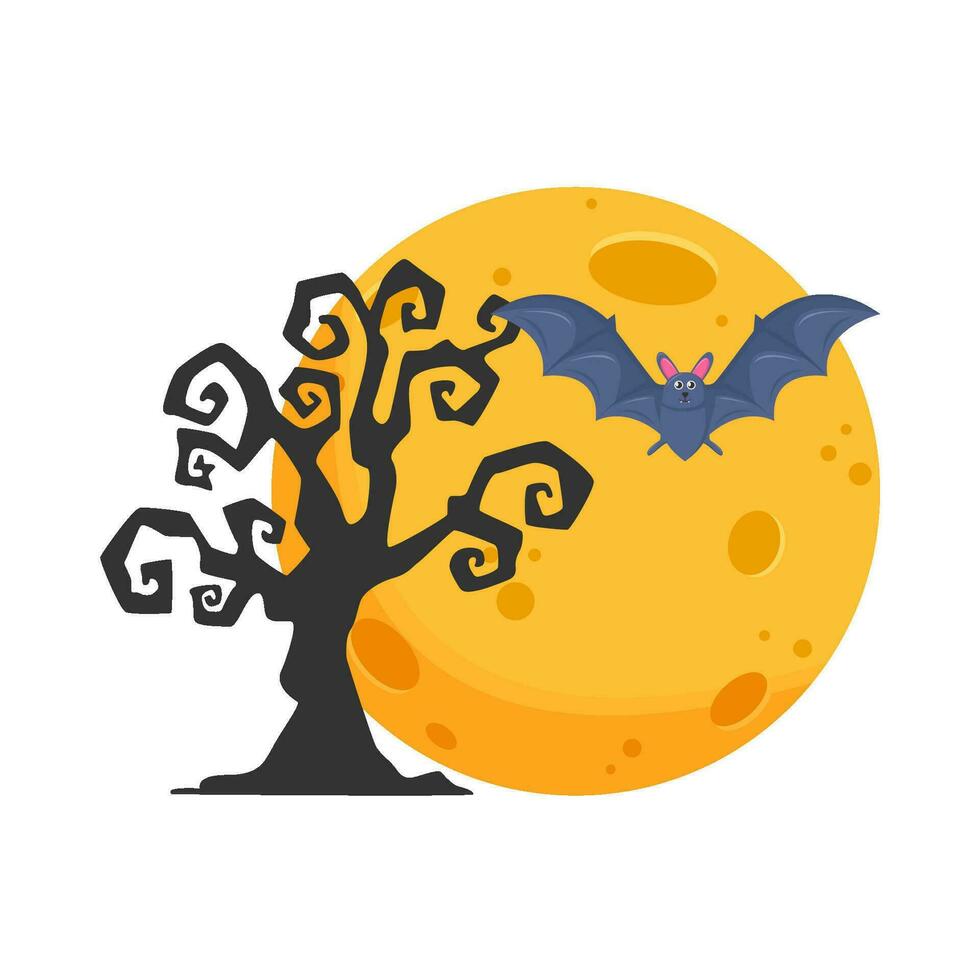 moon, bat fly with tree illustration vector