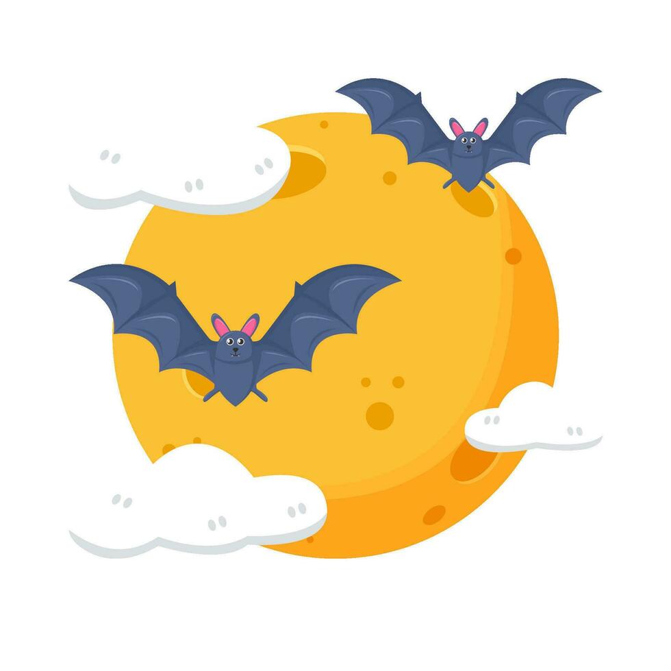 moon, cloud with bat fly illustration vector