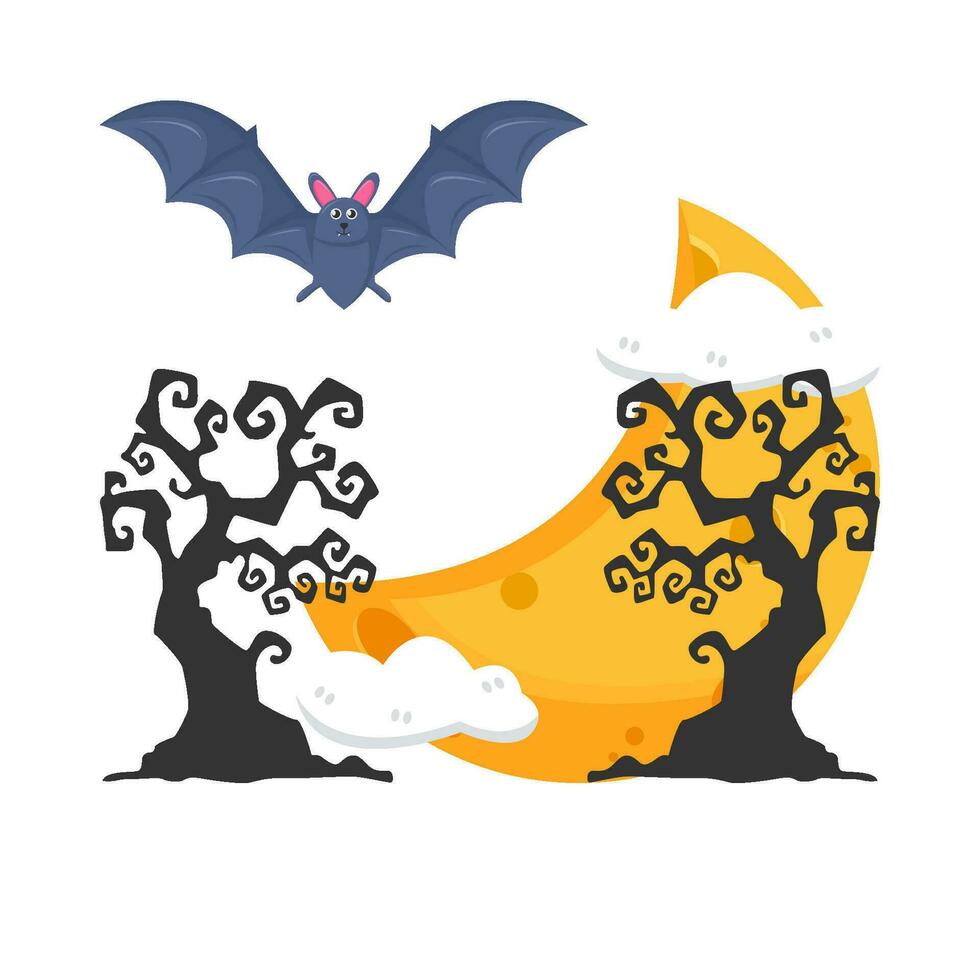 moon, bat fly with tree illustration vector