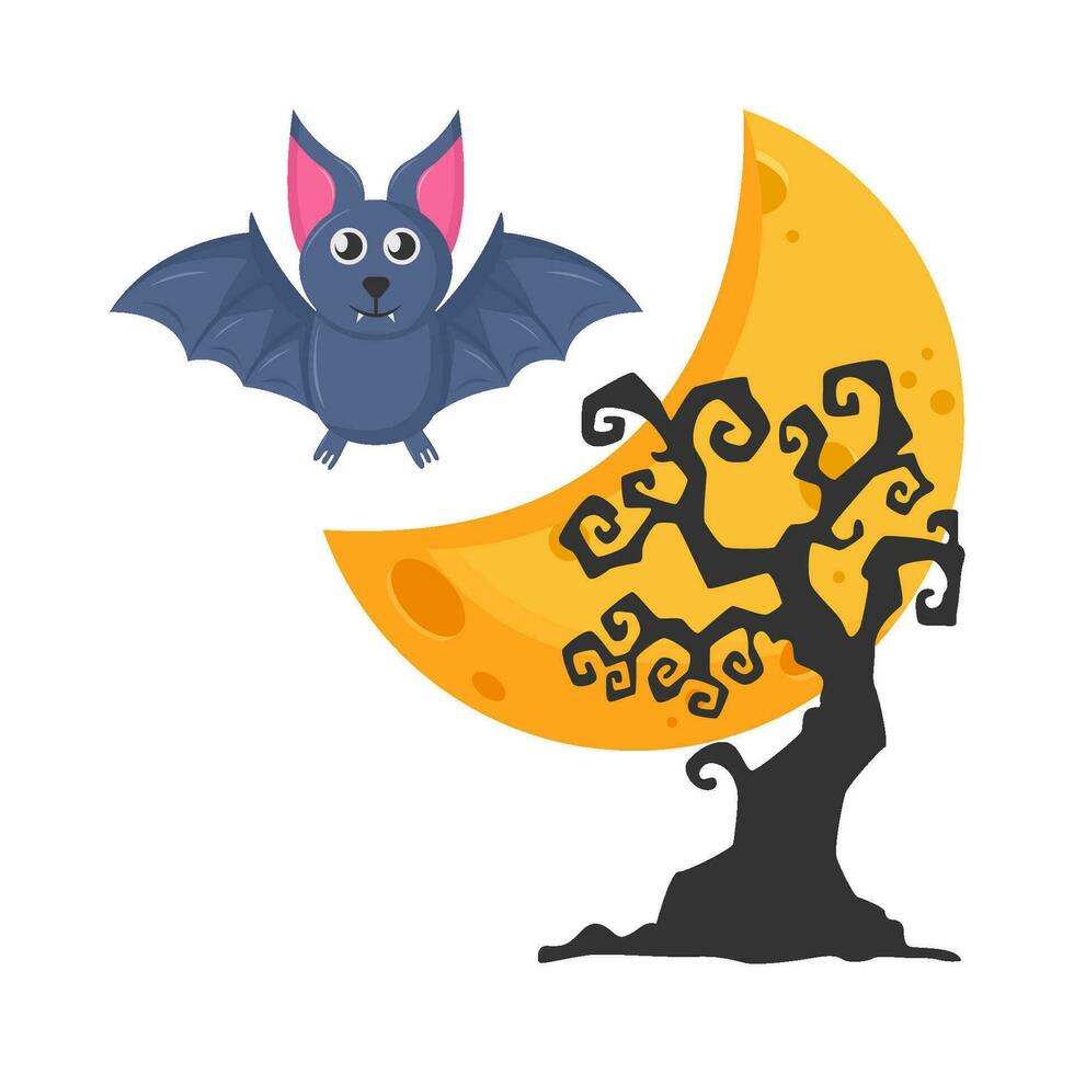 moon, bat fly with tree illustration vector