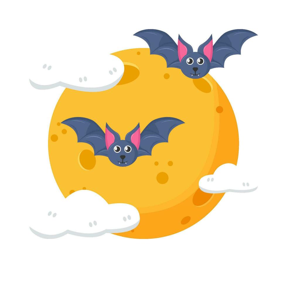 moon, cloud with bat fly illustration vector