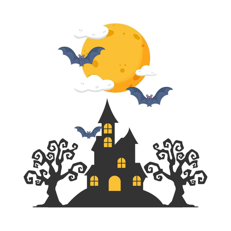 moon, cloud, bat fly, palace with tree illustration vector